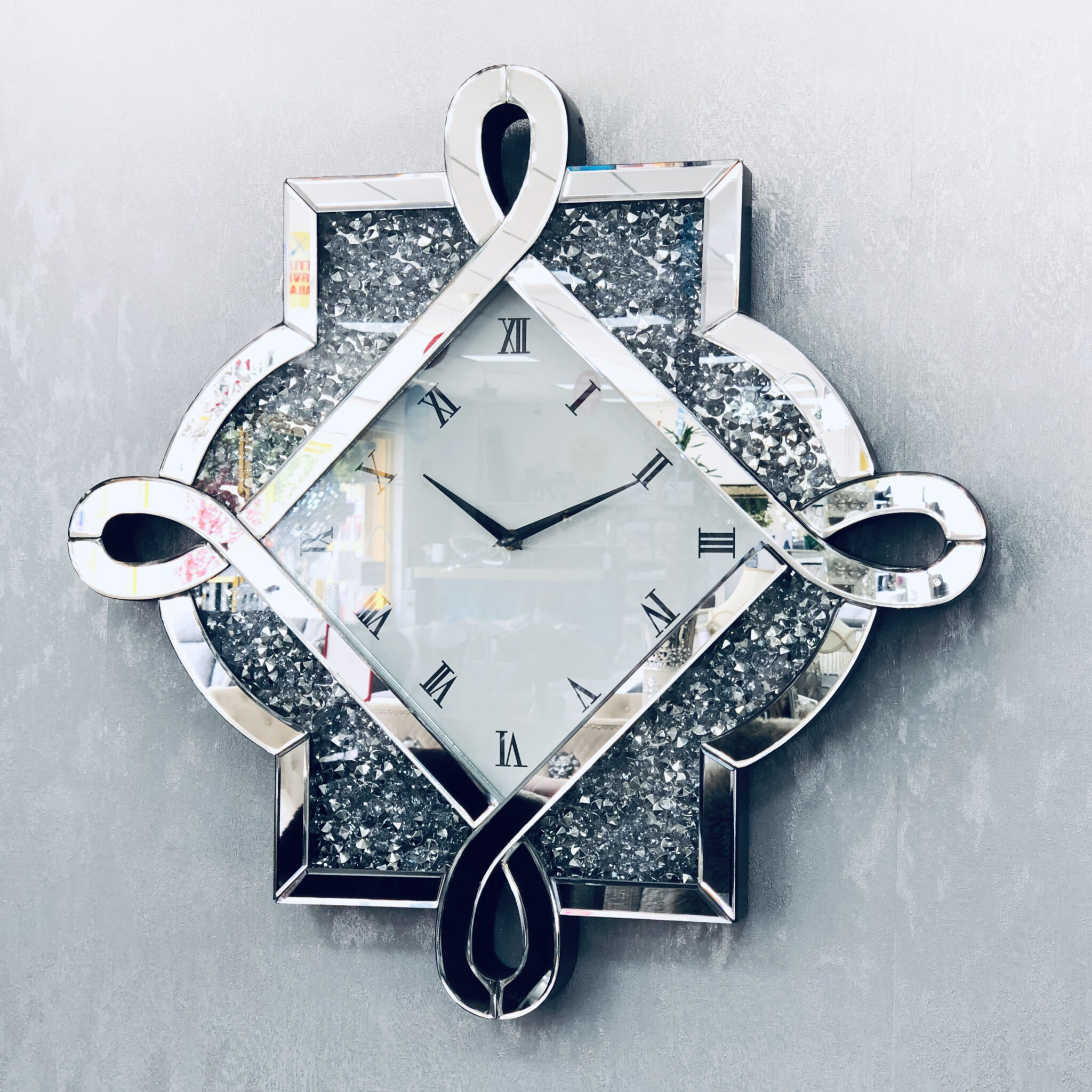 Crushed Diamond Mirrored Wall Clock 60cm ASR Interiors