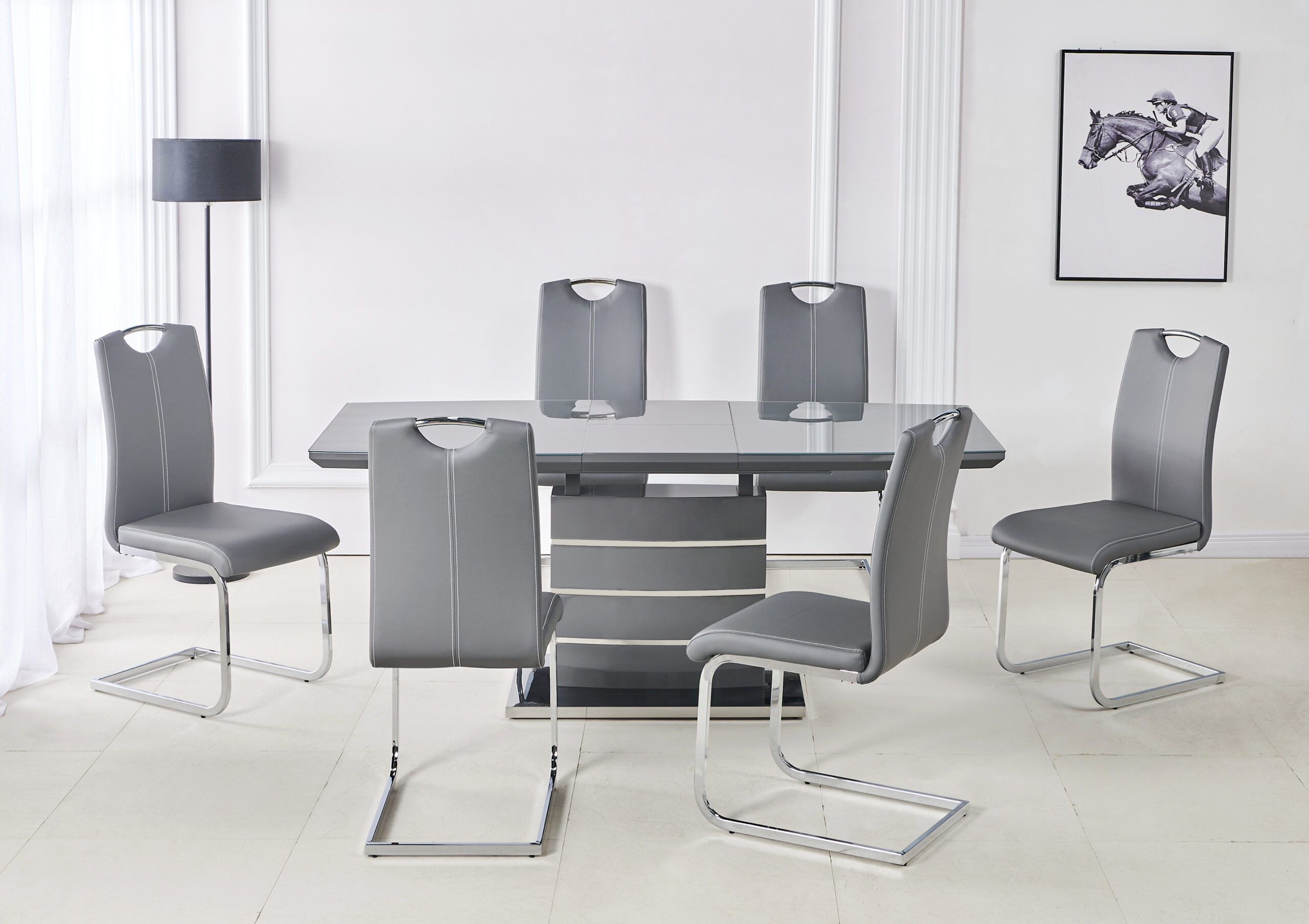 Milan Grey Extending Dining Table + 6 Milan Chairs ASR Interiors
